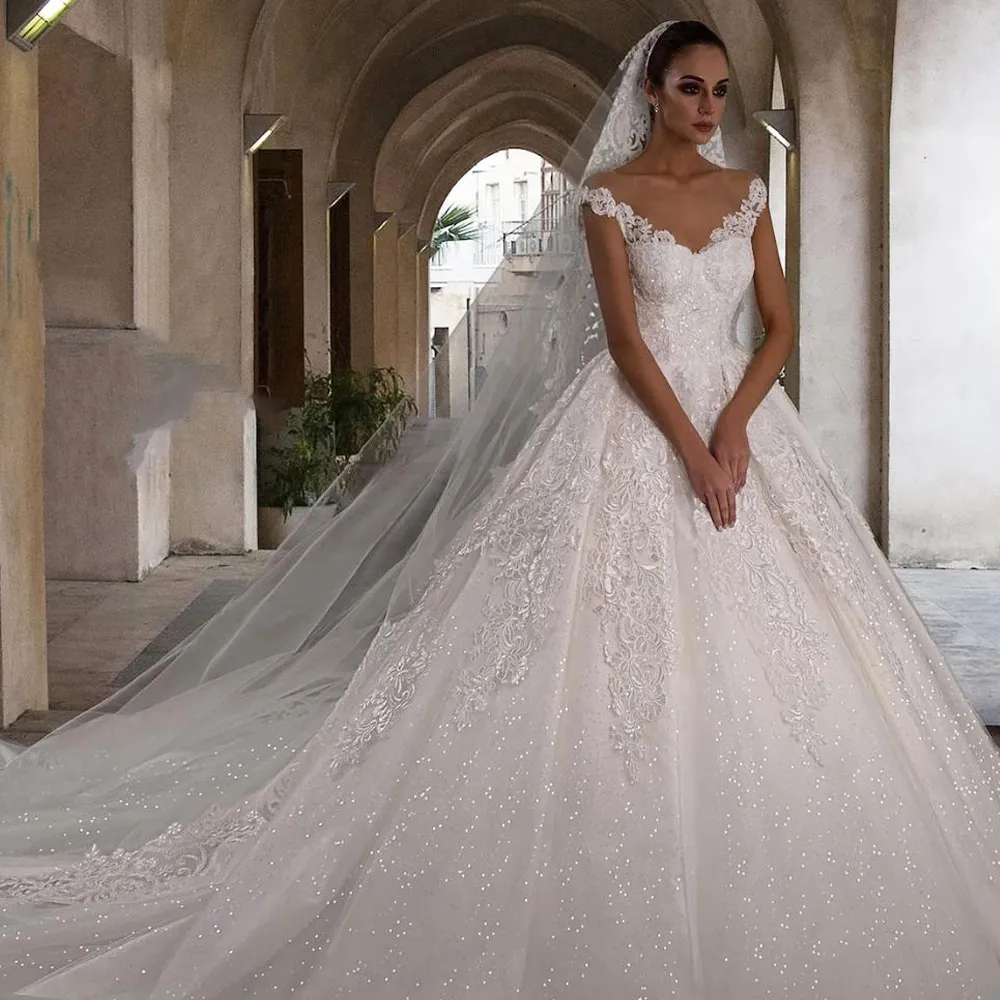 Cap Sleeve Wedding Gowns Glitter Ball Gown: Sheer Neck Lace Applique Satin Wedding  Dresses Ball Gown Church Princess Robe De Mariee From Weddingteam, $221.26  | DHgate.Com