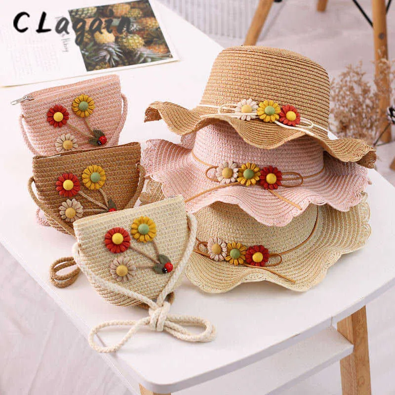 Caps Hats 2023 New children's sunscreen Hat Girl's summer shade Princess straw Sun hat set (Hat+ bag) P230424