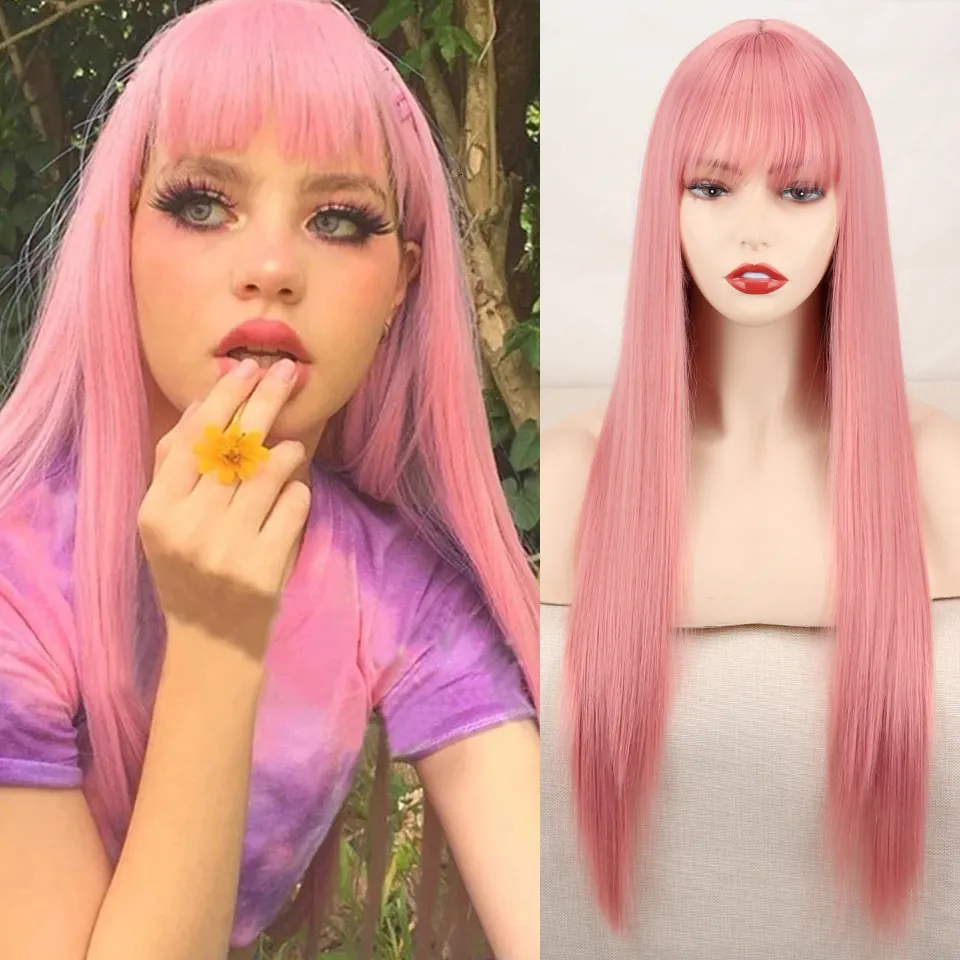 Synthetische pruiken Lolita Synthetische roze blonde pruik Long Streight Hair met pony Natuurlijke pruiken voor vrouwen cosplay 230425