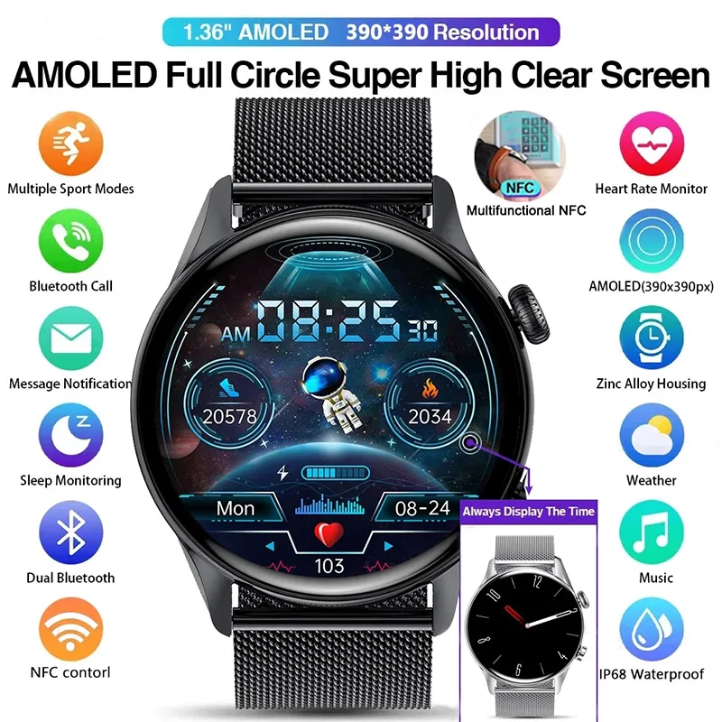 Reloj inteligente 2023 NFC para hombre, pantalla de 390x390, siempre  muestra la hora, llamada Bluetooth, música local, reloj inteligente para  hombre