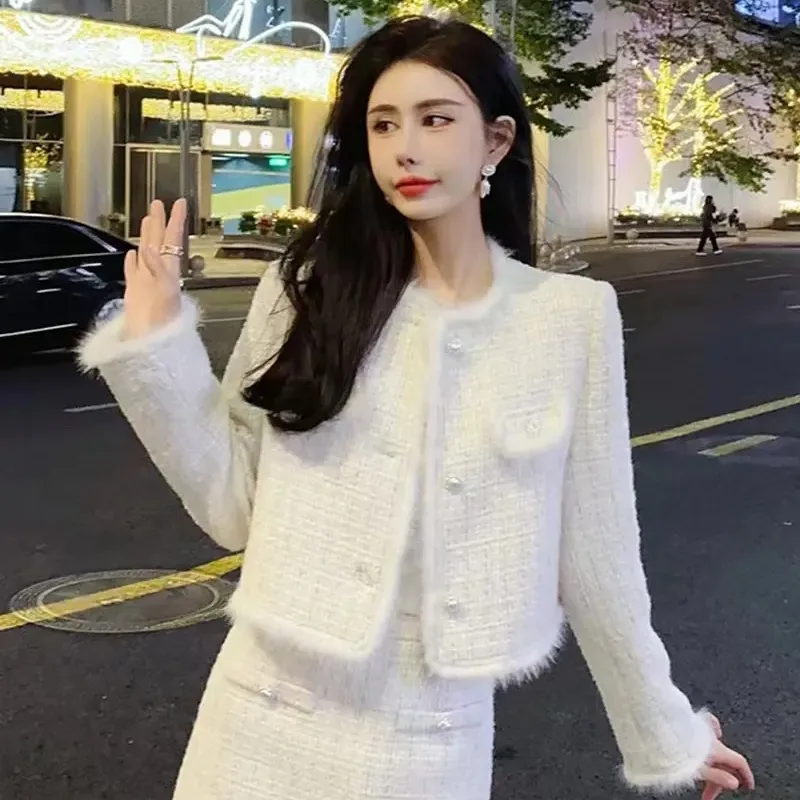 Conjunto feminino de duas peças, jaqueta curta, saia, moda coreana, doce, top