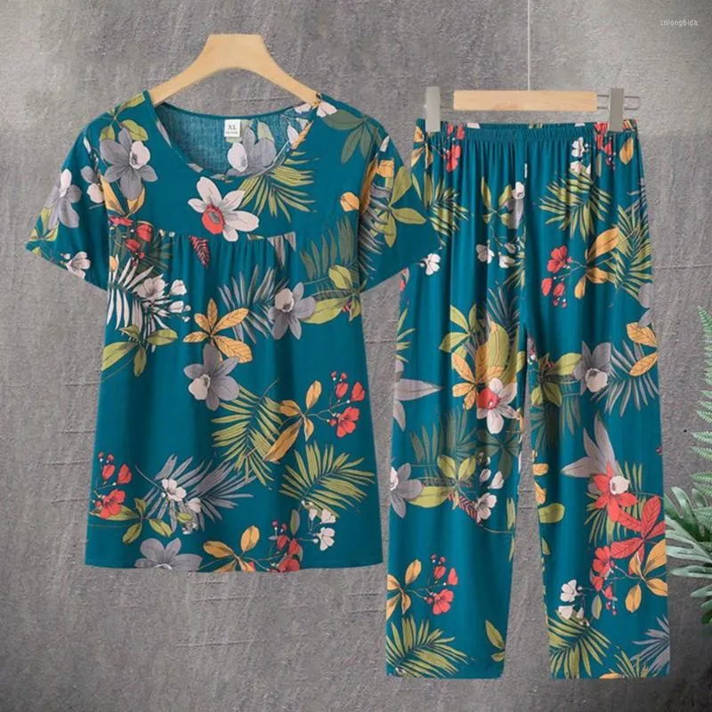 Cotton Flower Print Two Piece Summer Pajama Set For Women O Neck