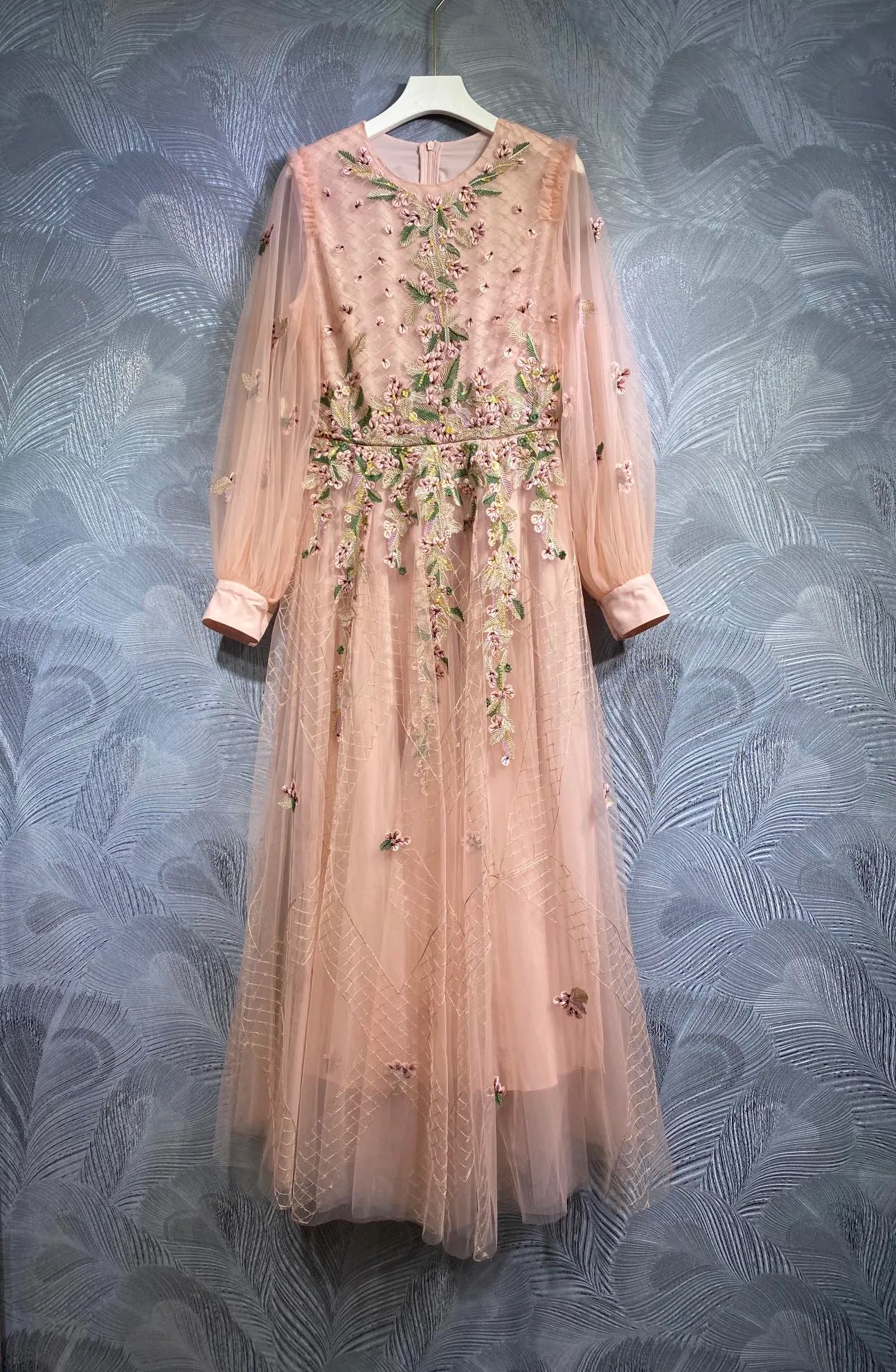 Basic Casual Jurken Europese trendy designer herfst 2023 nieuwe mesh geborduurde lange jurk met ronde hals