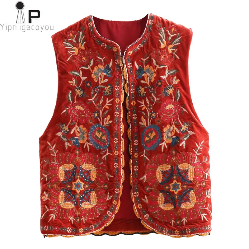 Kvinnors västar vintage höstblommor broderi paljetter sammet kvinnor väst mode ärmlösa kofta damer ytterkläder casual waistcoat 230424