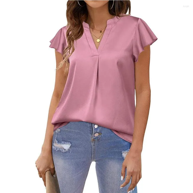 Bloups Feminina Mulheres Elegantes Camisas De Cetim De Pescoço V 2023 Moda  De Verão Ruffled Manga Curta Ladies Ladies Casual Top Top De &Price;