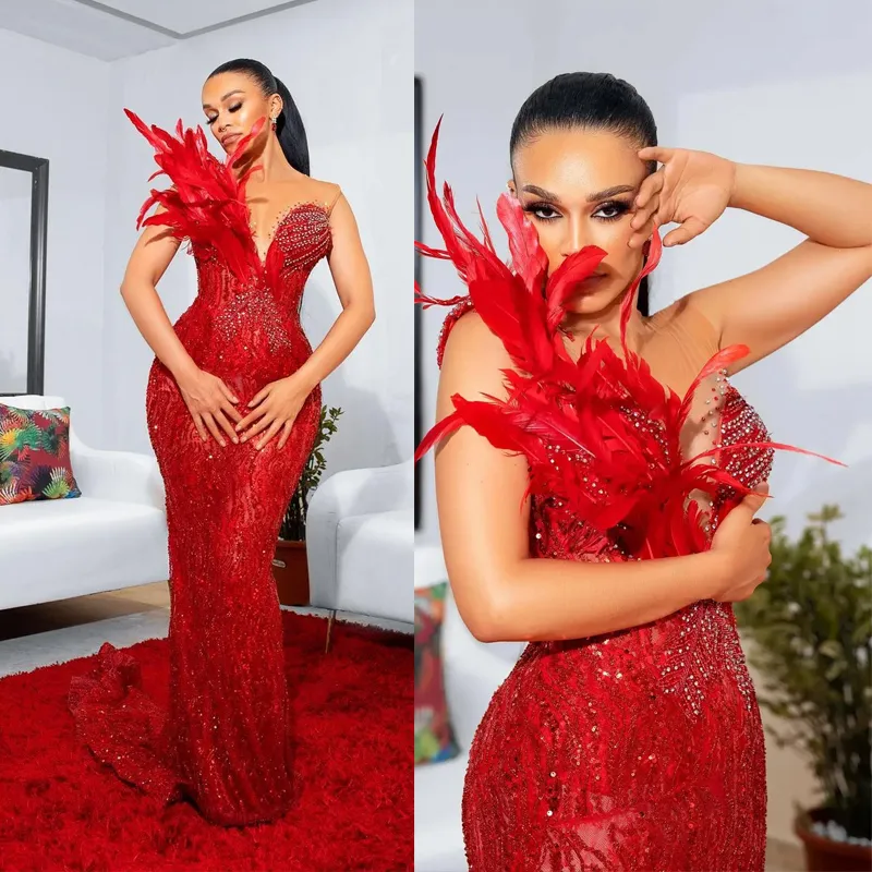 Aso ebi Red Carpet Luxurious Feather Mermaid Promドレスビーズ夕方の誕生日パーティーセカンドレセプションドレスアフリカアラビアナイジェリアドレスエンゲージメントガウンST308