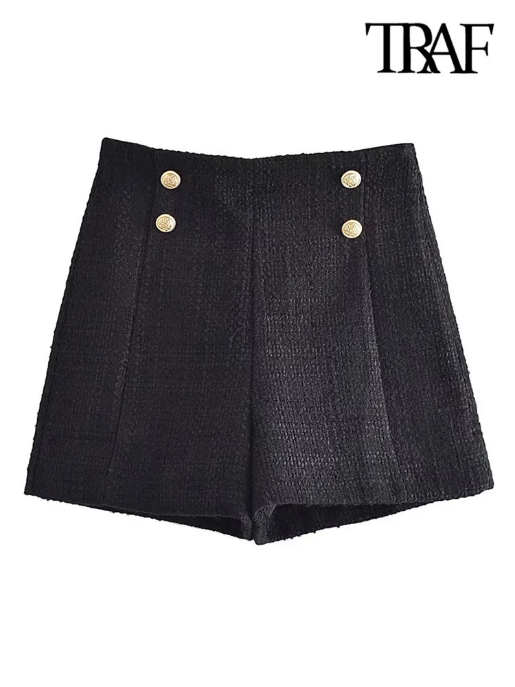 Shorts pour femmes TRAF femmes mode avant boutons en métal Tweed Shorts Vintage taille haute fermeture éclair latérale femme pantalon court Mujer 230425