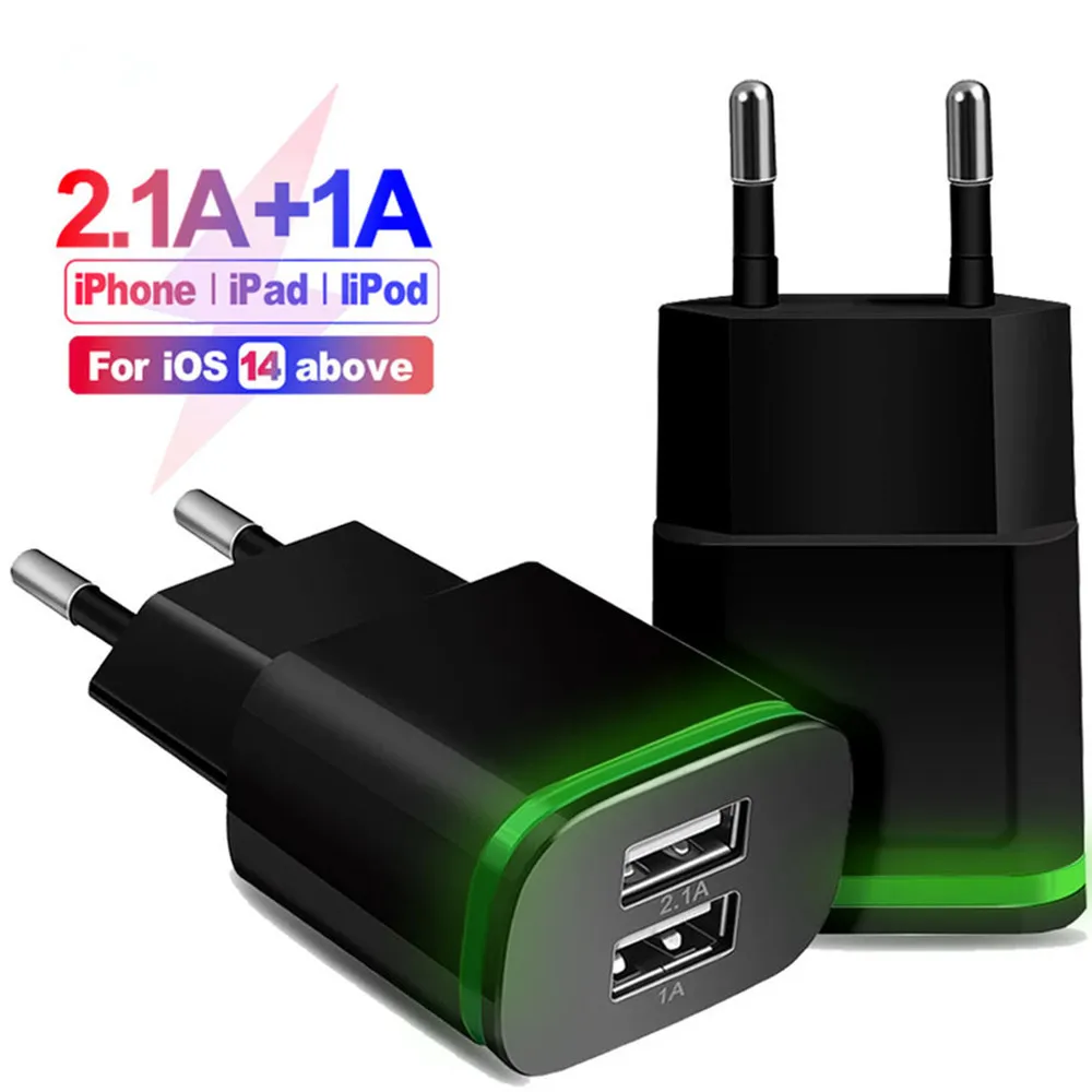 2.1A/5V Двухворновое кабельное кабель USB стеновой зарядной зарядное устройство зарядное адаптер кубик для iPhone Sumsung Мобильный телефон