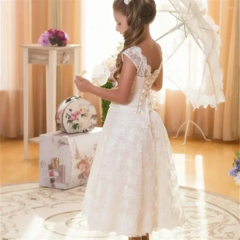 Robes de fille robe de fleur en tulle blanc pour mariage dentelle mancherons longueur de thé demoiselle d'honneur première fête d'anniversaire eucharistique de l'enfant