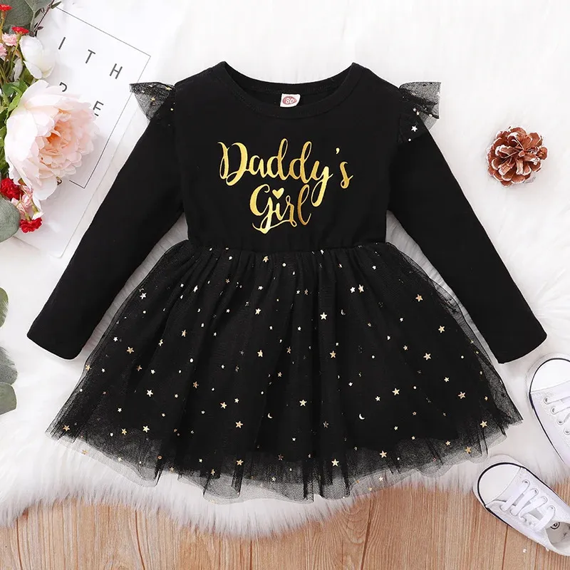 Mädchen Kleider Baby Mädchen Kleid 324 Monate Kleinkind Kleidung Brief Drucken Langarm Mesh geboren Outfit Prinzessin 231124