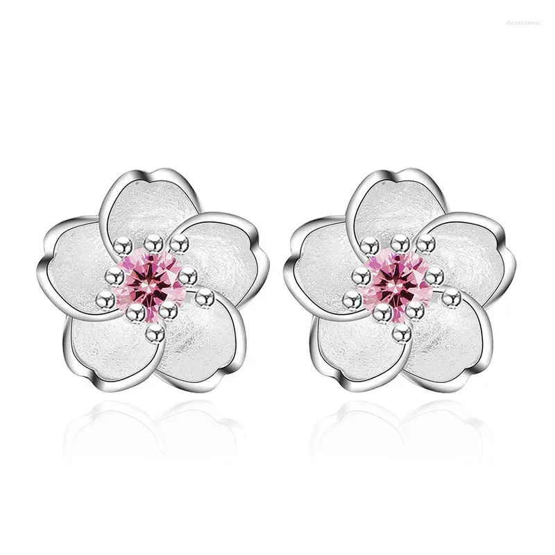 Stud Earrings Cherry Flower Blossoms Crystal Silver Color Ear Studs Women's Fine Jewelry Mother's Day Birthday Gift