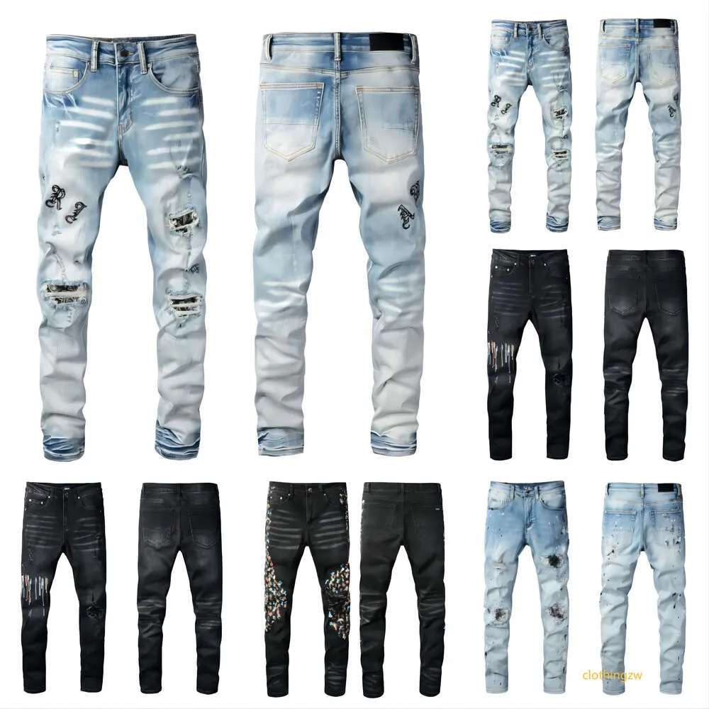 designer mens purple jeans denim embroidery pants fashion holes trouser hip hop distressed zipper black jeans for man skinny stretch jeans