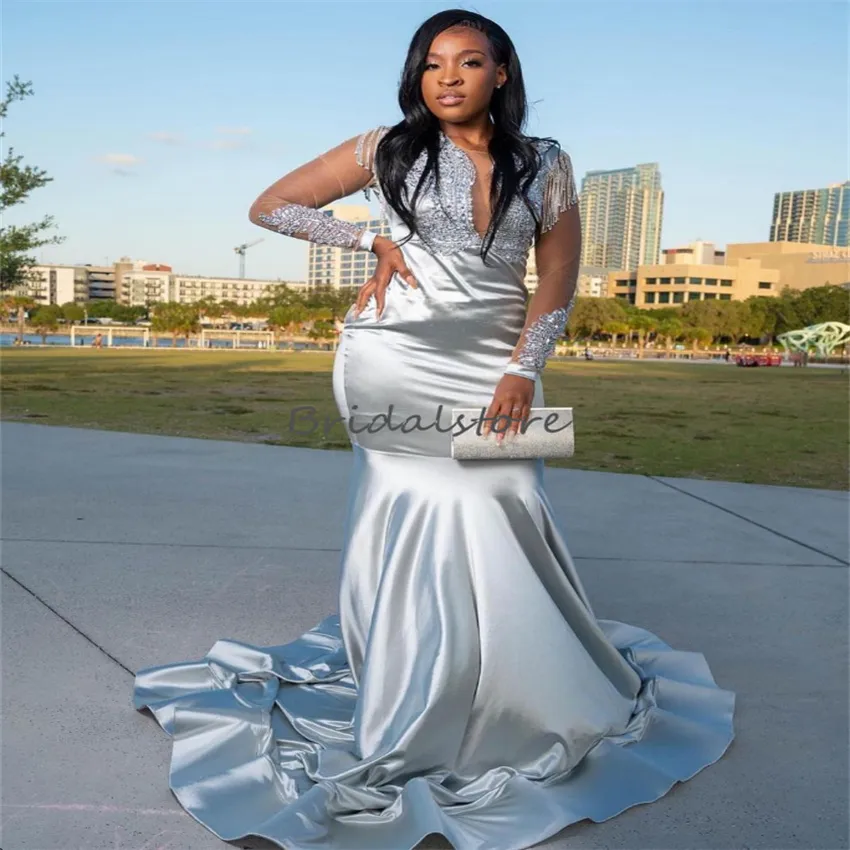 Aso Ebi Silber Ballkleid Langarm Neu im Jahr 2023 Perlen Quaste Meerjungfrau Abendkleider Elegant Festzug Geburtstag Anlass Formale Schwarze Mädchen Formelle Partykleider Schick