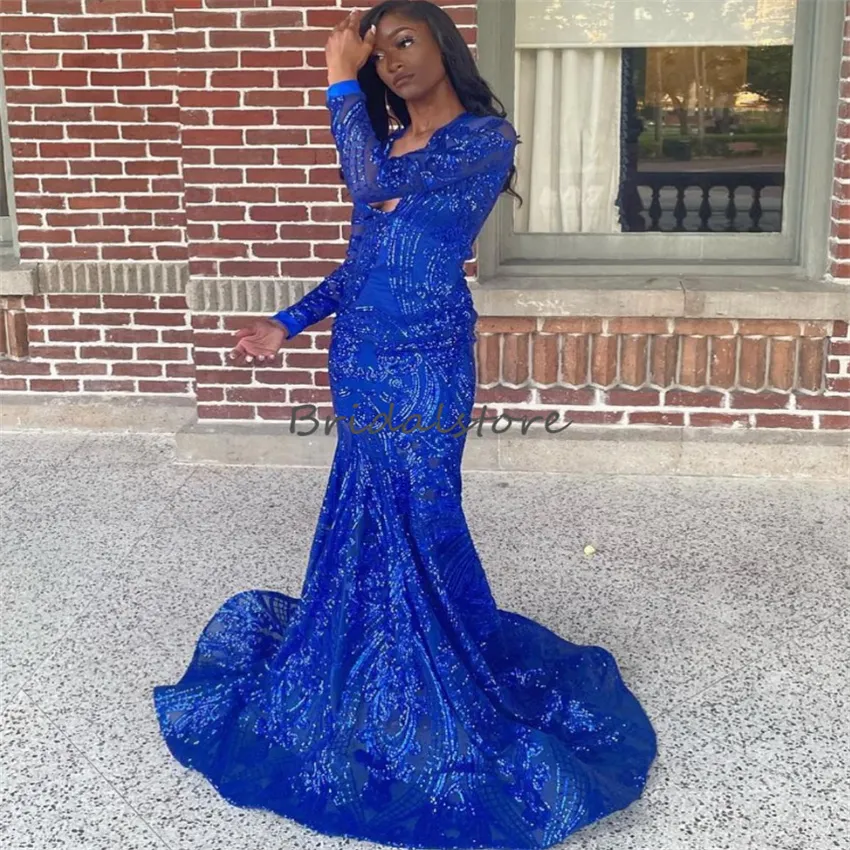 Glitter Blue Paillettes Prom Dress Nero Ragazze Sparkle Scollo a V Manica lunga Sirena Abiti da cerimonia Abiti da sera 2023 Abiti da ballo di compleanno Abiti eleganti Vestidos De Fiesta