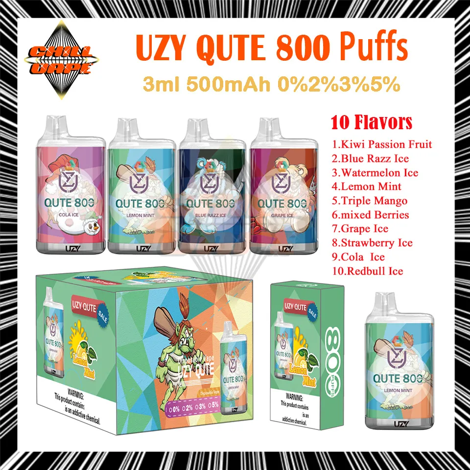 Original UZY QUTE 800 Puff Einweg-Vape-Stift, 1,2 Ohm Mesh-Spule, 3 ml Pod, 550 mAh-Akku, 3 Arten von RGB-Licht, elektronische Zigaretten, Puff 800 0 % 2 % 3 % 5 % E-Zigaretten-Kit