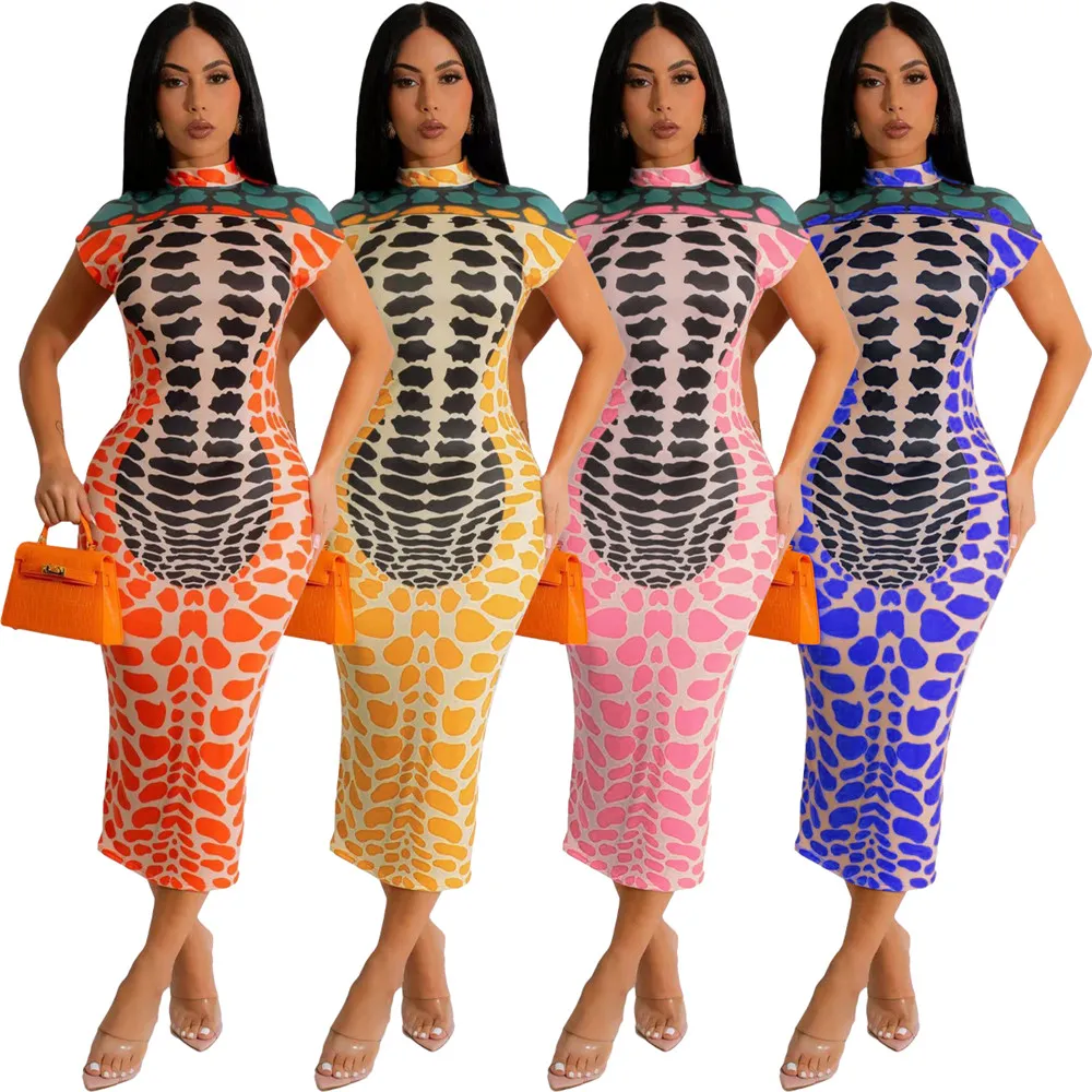 新しいデザイナーのセクシーなプリントドレス夏の女性半袖ボディーコンドレススキニータートルネックペンシルドレスホリデークラブウェア卸売服9775