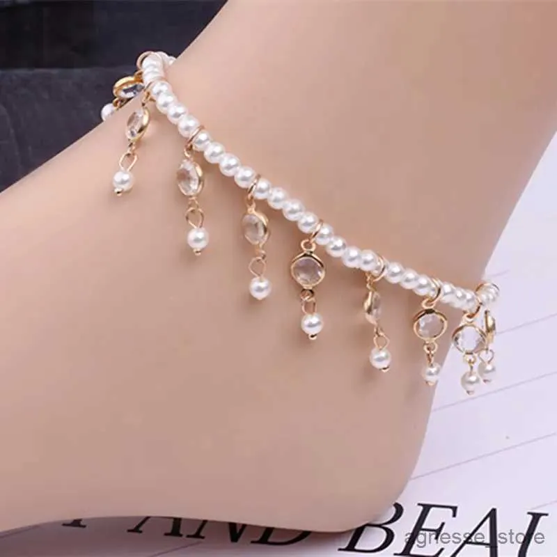 Anklets Vintage Sweet Simulated Pearl Beaded Anklet Crystal Stretch Foot Anklets Fashion Jewelry Foot Chain Leg Bracelet Gift R231125