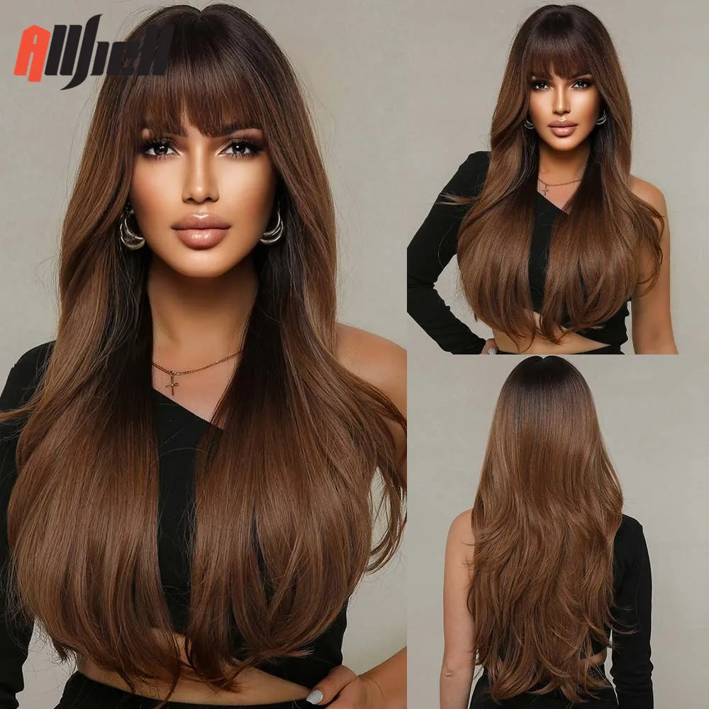 Synthetic Wigs Black Brown Ombre with Bangs Long Natural Wavy Hair Wig Daily Use Heat Resistant Cosplay for Women 230425