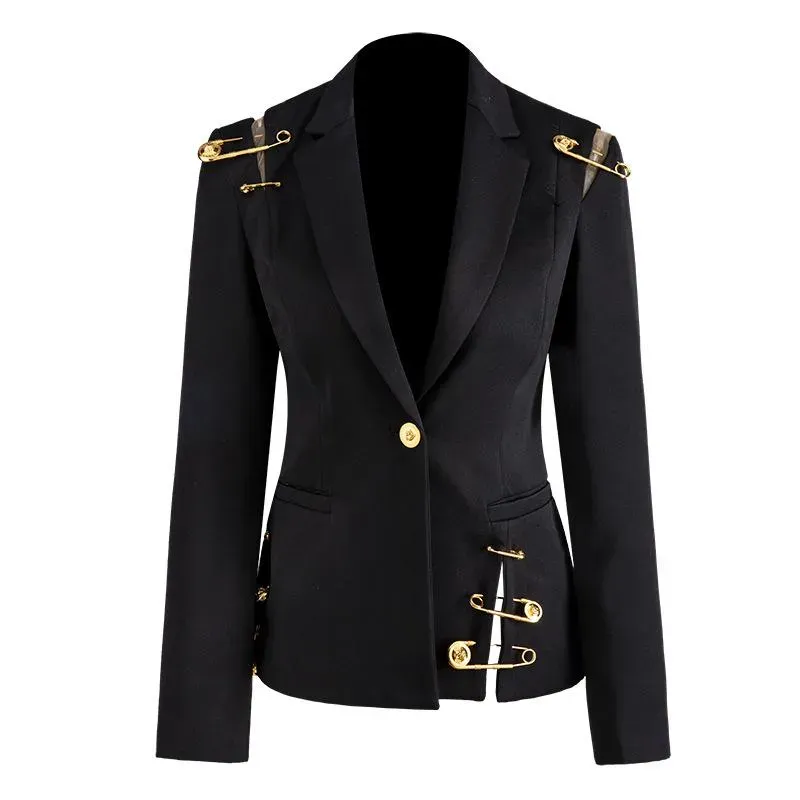 Costumes pour femmes Blazers haute rue élégant femmes Blazer simple bouton maille Patchwork broche mince qualité noir Mini BJ