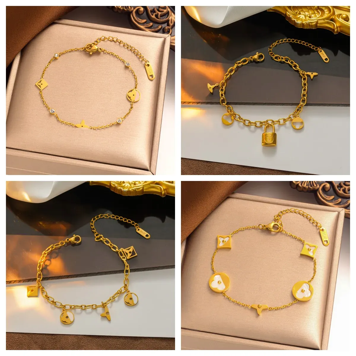 18k banhado a ouro clássico openwork presbiteriano trevo de quatro folhas pulseira designer jóias elegantes mulheres titânio aço colorfast moda mão jóias 20 estilo