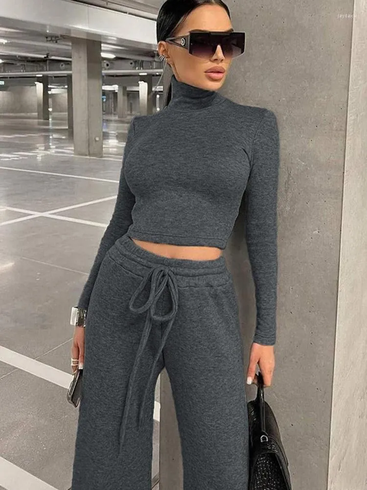 Women's Two Piece Pants Mueyaruho 2023 Women Autumn Winter Sweatsuit Tracksuit Sets Bodycon Slim Outfits Solid Grey 2 Pant Set Suit Female