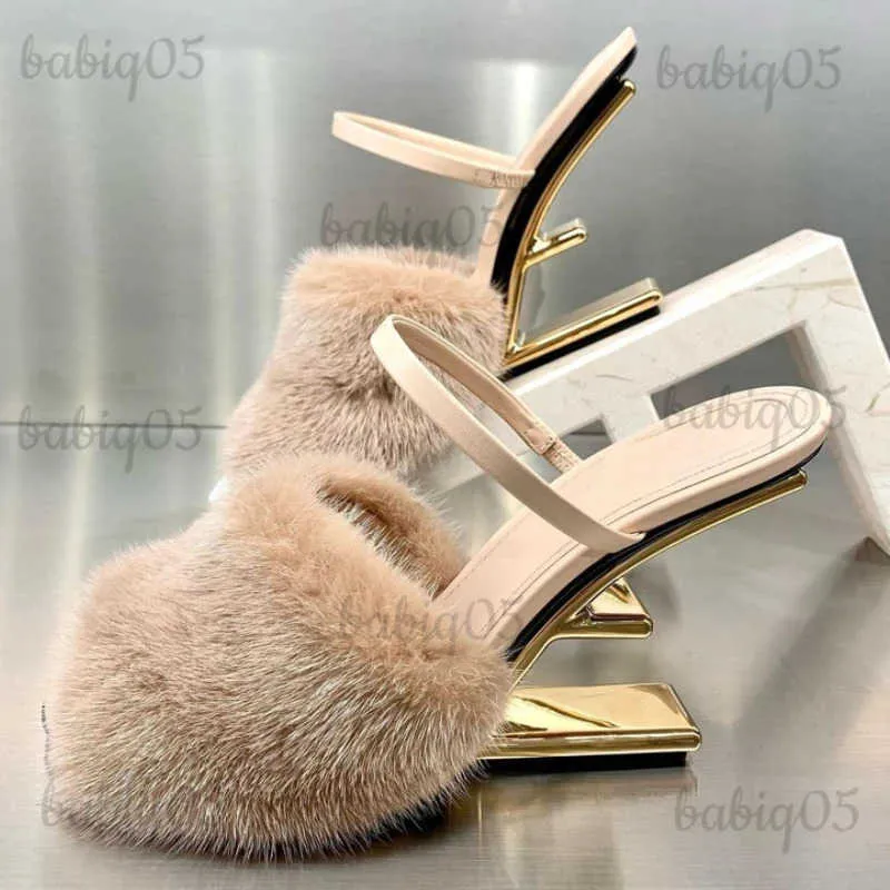 Slippers Designer Winter Fur Slippers Shoes Women Wedge Heels Open-toe Fashion Flip Flops Girl Slide Brand Furry High-heeled Muller T231125
