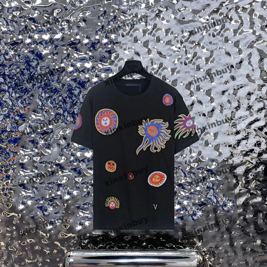 xinxinbuy mężczyzn designerka koszulka 23ss twarz ryba słońce wzór haft haftowe bawełnę z krótkim rękawem