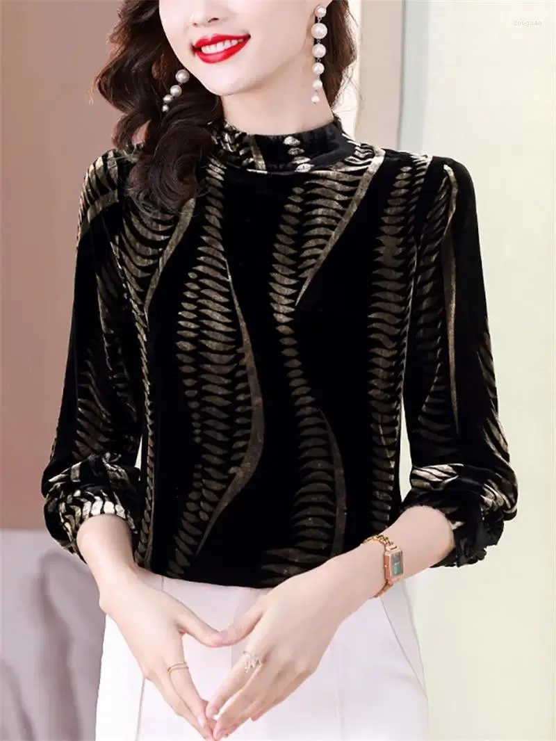 Women's Blouses Golden Velvet Tops Long Sleeve Bottom Shirt For Spring Autumn And Winter Plush Thickened Half High Neck Blouse Z4015