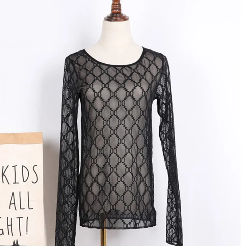 Dames van hoge kwaliteit borduurbrief Lace Shirt Transparant Mesh Summer Tops Volle mouw met Finger Hole Blouse Girl Street Wear Factory Groothandel