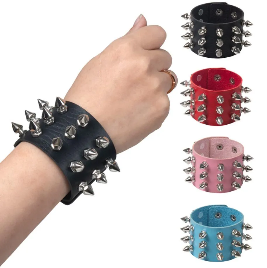 Vintage Leather Bracelet Three Row Cuspidal Spikes Rivet Stud Wide Cuff PU Leather Punk Gothic Rock Unisex Bracelet Men Jewelry 13 Colors