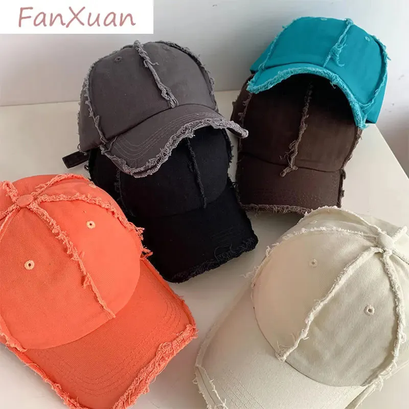 Ball Caps Y2k Baseball Cap for Women Men Spring Summer Caps Women Sun Hat Kpop Big Head Distressed Edges Fringed Cotton Hat Casquette 231124