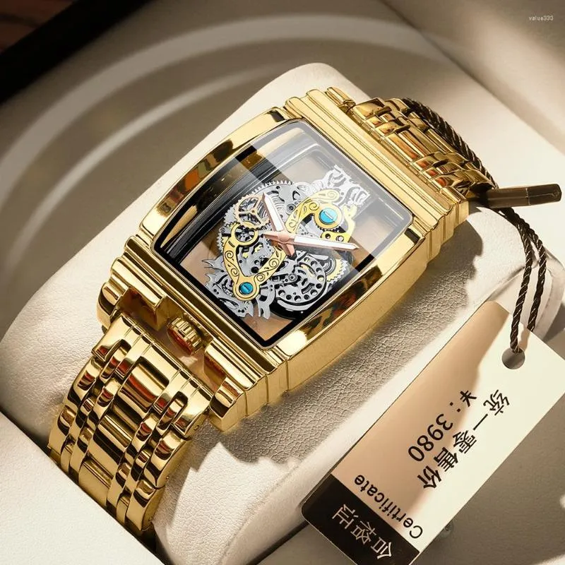 Wristwatches Square Transparent Full Hollow Quartz Watches Men Top Golden Male Wristwatch Man Relogio Masculino