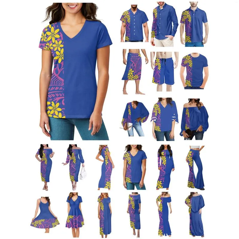 Camisas casuais masculinas Polinésia Tonga Havaí Fiji Guam Samoa Pohnpei Tatuagem tribal imprime roupas mulheres vestido combinando homens camisa azul amantes