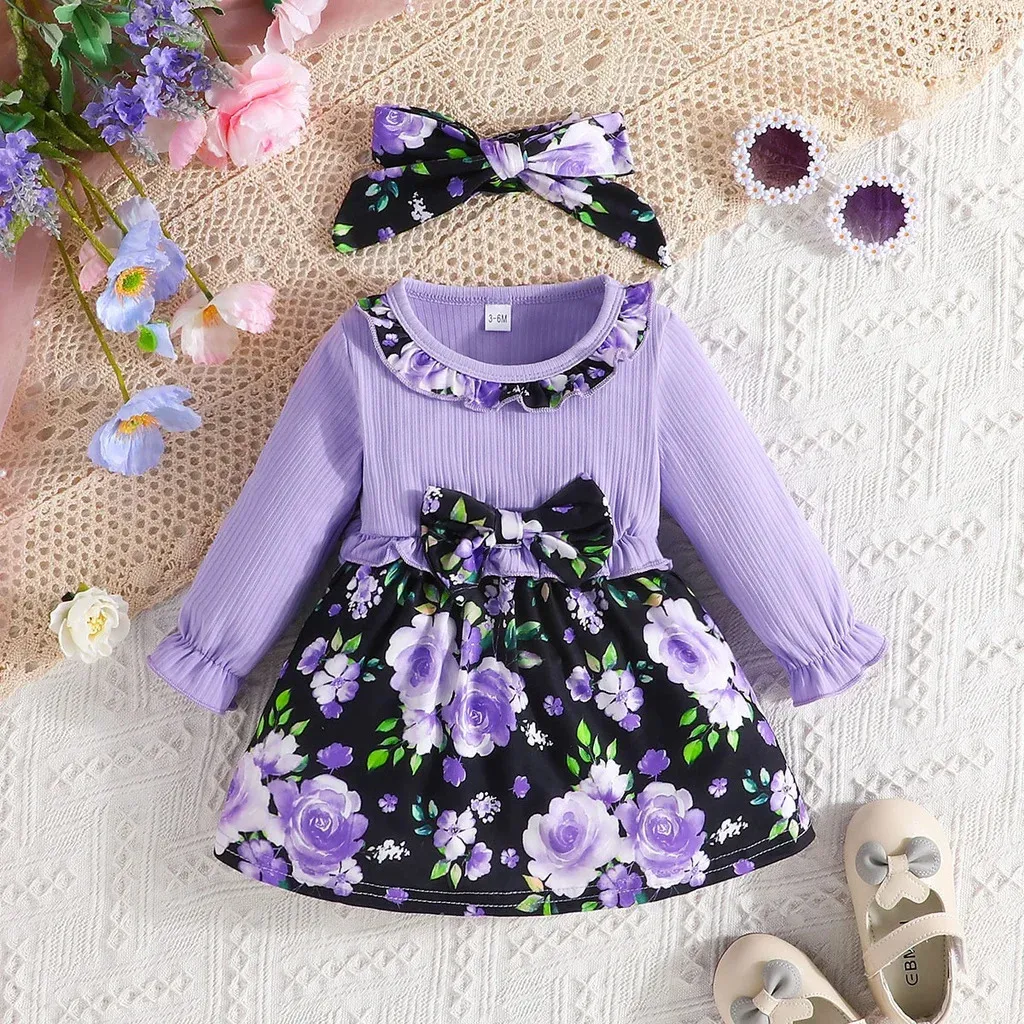 Robes de filles robe pour enfants 3 à 24 mois mode manches longues à volants mignon nœud floral princesse formelle violet né bébé fille 231124