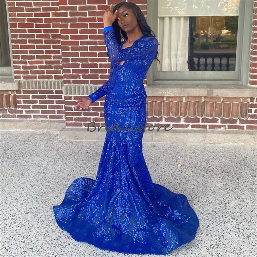 Sparkling Glitter Blue Sequin Mermaid Royal Blue Prom For Black