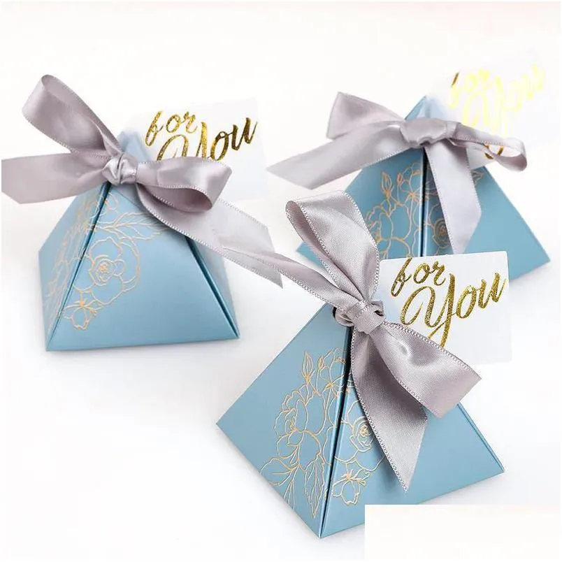Cadeau cadeau 20/50 / 100pcs boîte de bonbons triangle bleu pour la fête de mariage cadeaux cadeaux papier bébé douche décoration cadeau emballage livraison directe hom dhui6