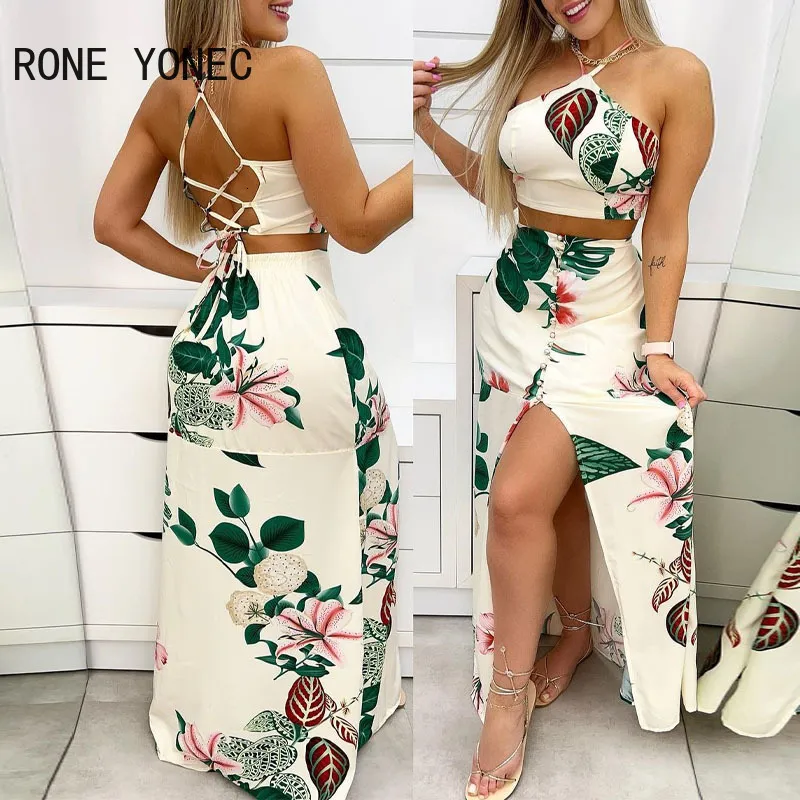 Abito a due pezzi Donna Casual senza maniche Crop Top Stampa floreale Halter Lace Up Criss Cross Button Gonna alta in limo Maxi gonna da vacanza Set 230424