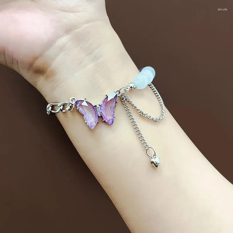 Braccialetti con ciondoli U-Magical Bracciale asimmetrico a farfalla fatto a mano viola coreano per donna Gioielli in metallo a catena con perline a cuore dolce