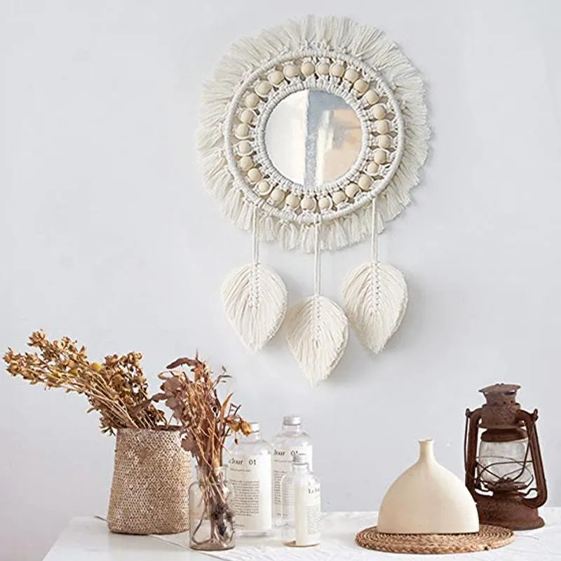 Mirrors Wall Mirror Decoration Tapestry Hanging Handmade Art Wood Bead Garland For Living Room Farmhouse Boho Home Deocr