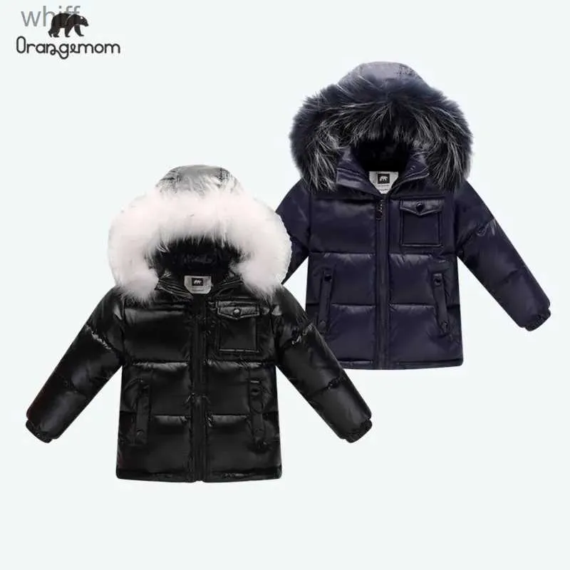 W dół płaszcz czarna zimowa kurtka parka dla chłopców zimowy płaszcz 90% pucha kurtki dla dziewcząt ubranie dla dzieci noszenie dzieci odzież wierzcha ubrań 231125
