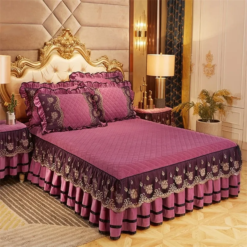 Bed Skirt Solid Color Luxury Thick Velvet Quilted Bedspread Queen King Size Lace Embroidery Short Plush Bed Skirt Not Included Pillowcase 230424