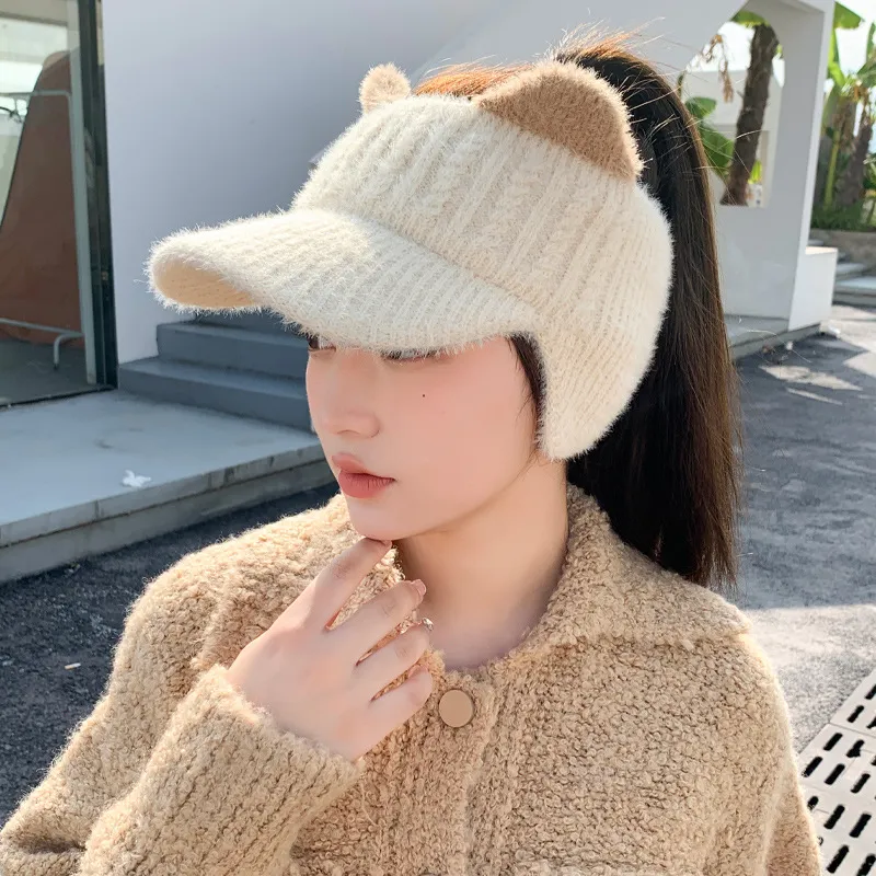 Autumn and winter cute hat for girls Fashion warm plus fleece knitted baseball lady duck tongue wool empty top hat for winter Korean women