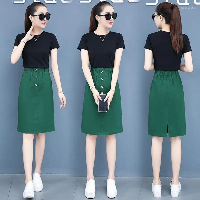 Work Dresses Summer 2023 Korean Elegant Two Piece Set Women Short Sleeve T-shirt A-Line Midi Skirts Suit Office Lady Clothing Q47