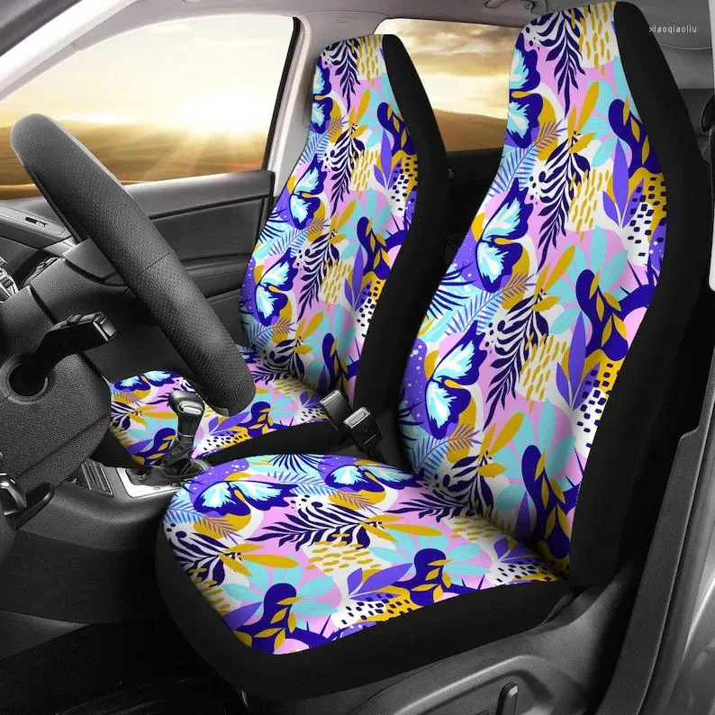 Housses de siège de voiture bleu violet feuilles fleurs florales paire 2 accessoires de protection avant