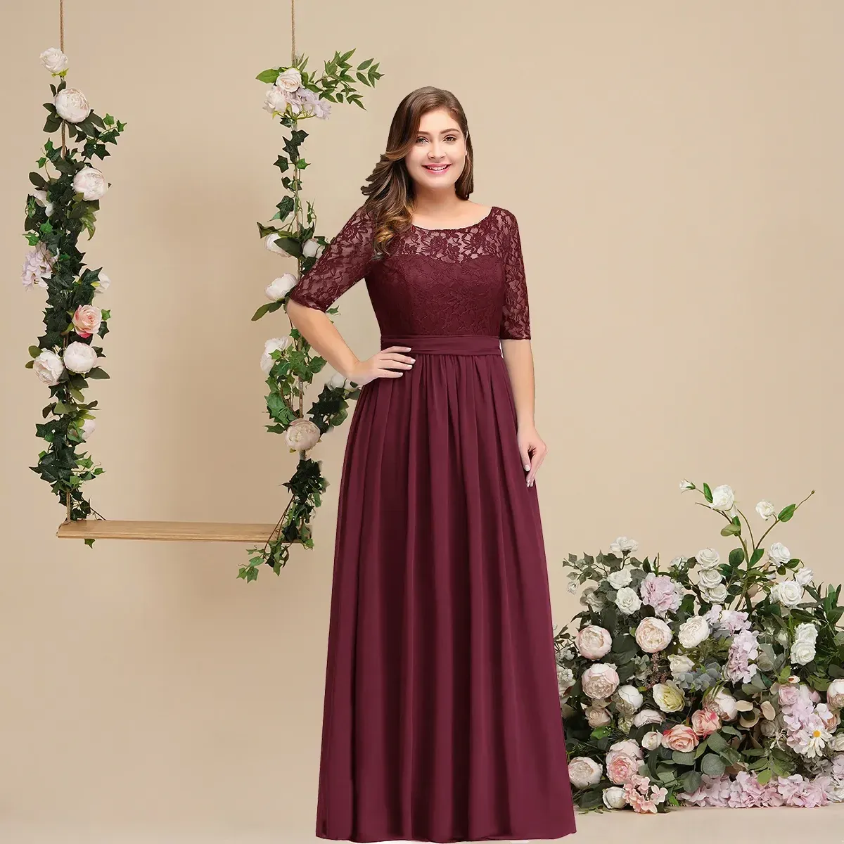 babynice666 Burgundy Bridesmaid Dress with a 3/4 Aleeved Chiffon Dress with Lace Bodice Illusion Sleeve Fully Lined Zip up Back Dresses CPS522