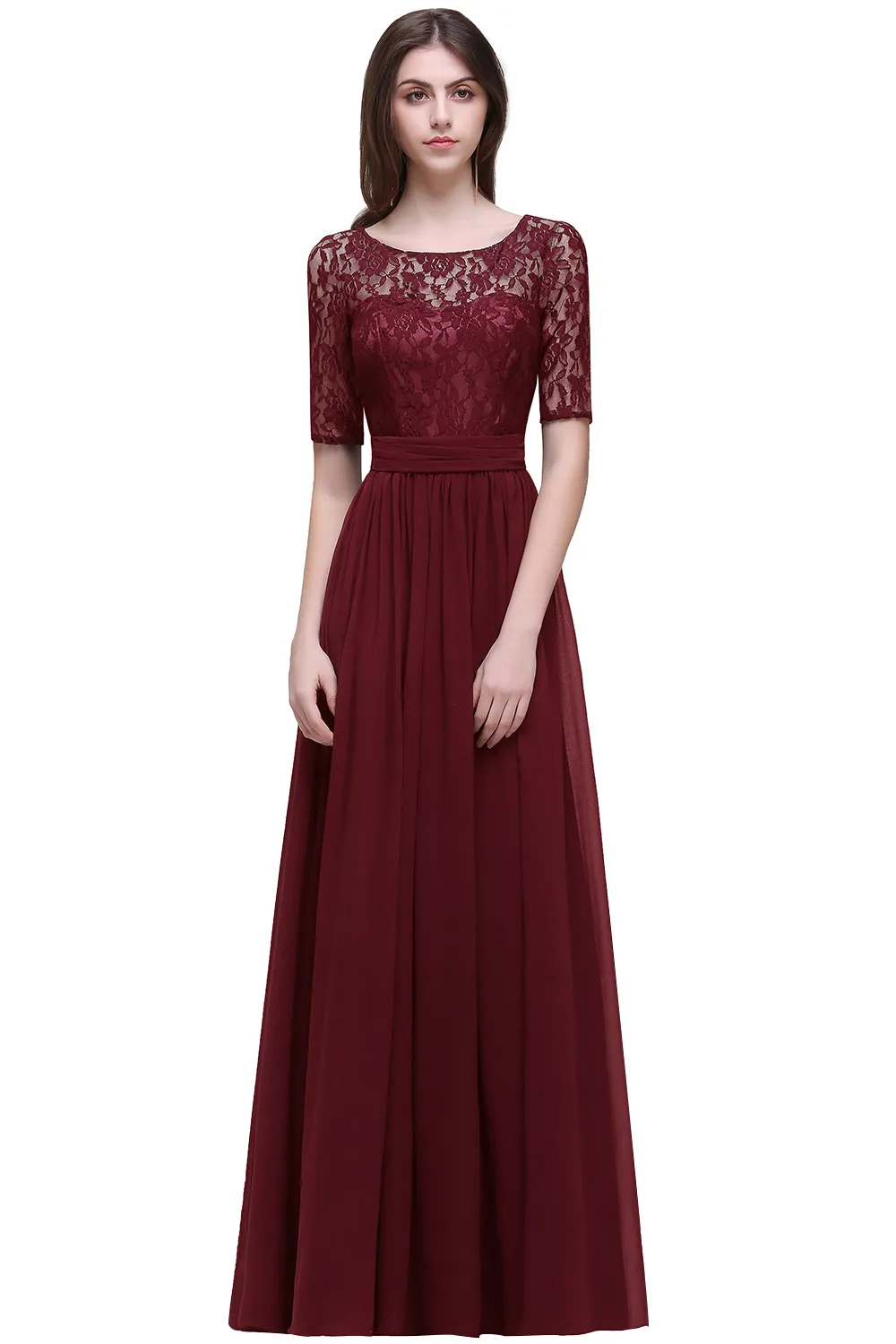 BABYONLINE Burgundy Bridesmaid Dress with a 3/4 Aleeved Chiffon Dress with Lace Bodice Illusion Sleeve Fully Lined Zip up Back CPS522