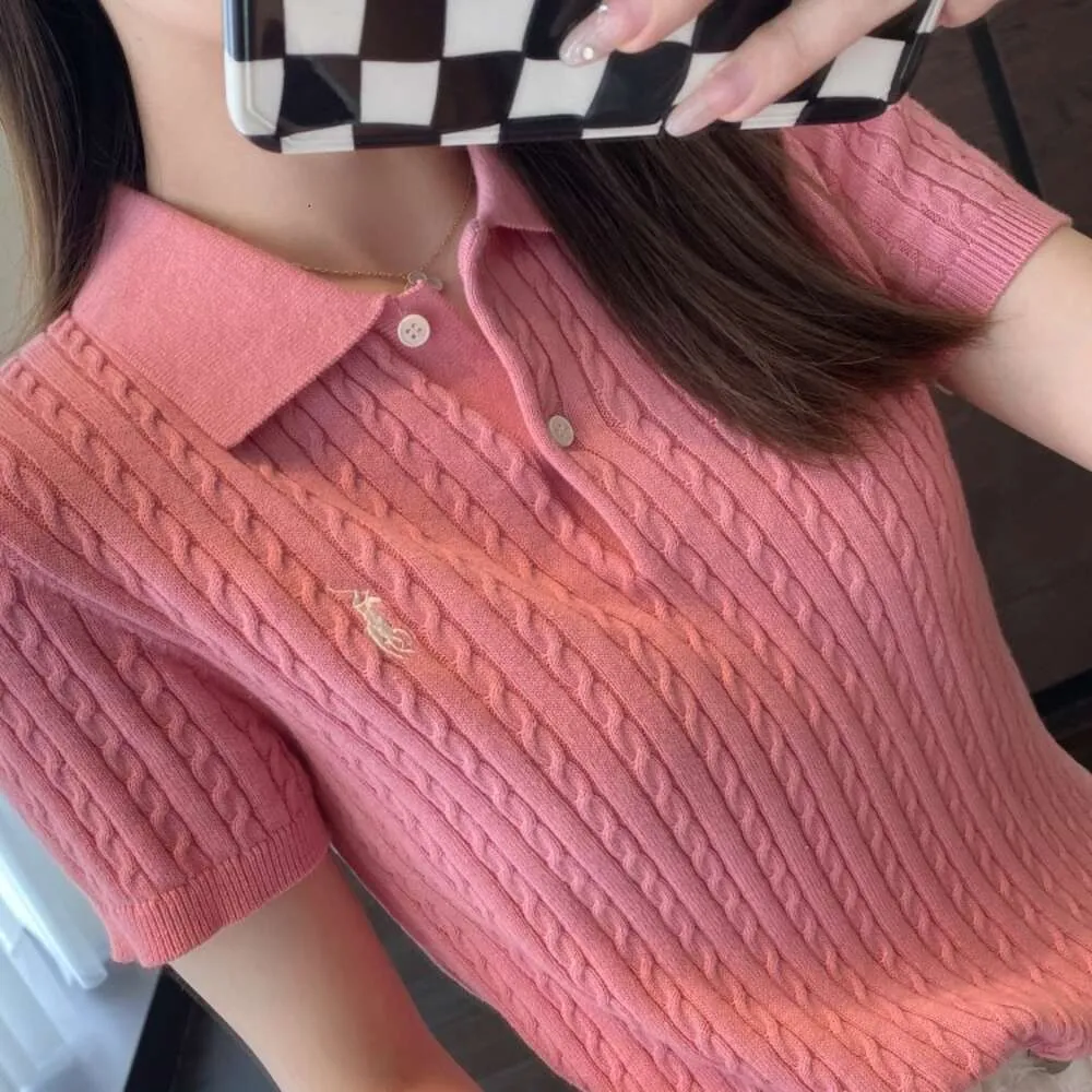 Early Autumn New 12 Needle 32 Thread Embroidered Polo Neck Slim Sweater for Women's Knitted Short Sleeves E082602