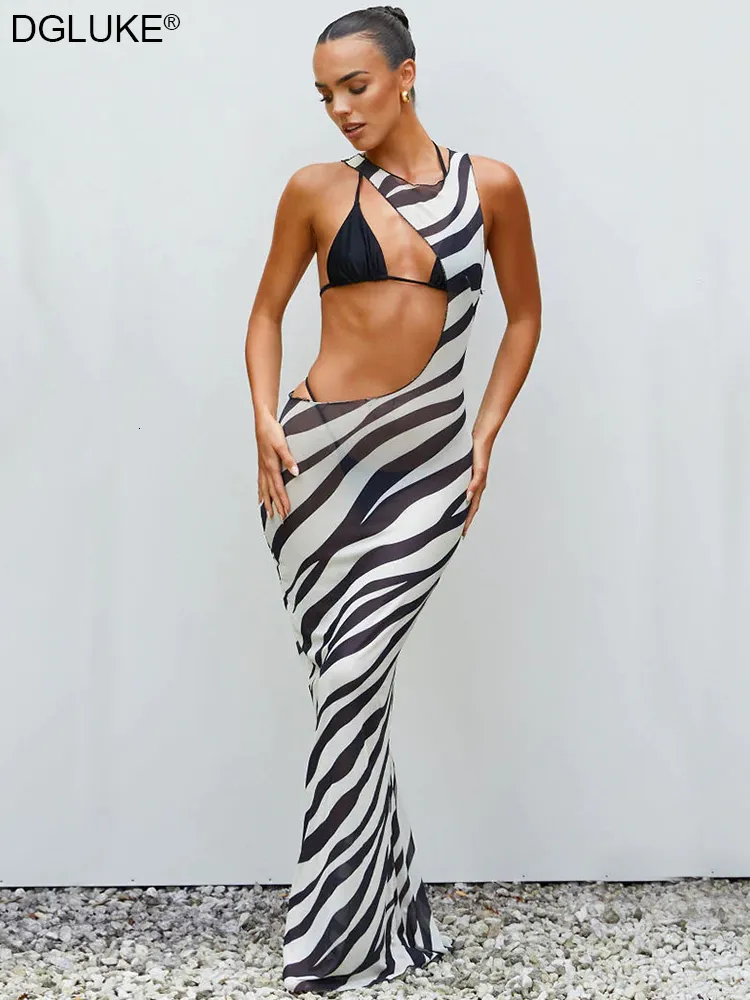 Casual jurken Zebra Mesh Long Beach Dres 2023 Uitgebracht bodycon Maxi Swimsuit Cover Up Sexy Transparant Striped Summer 230424