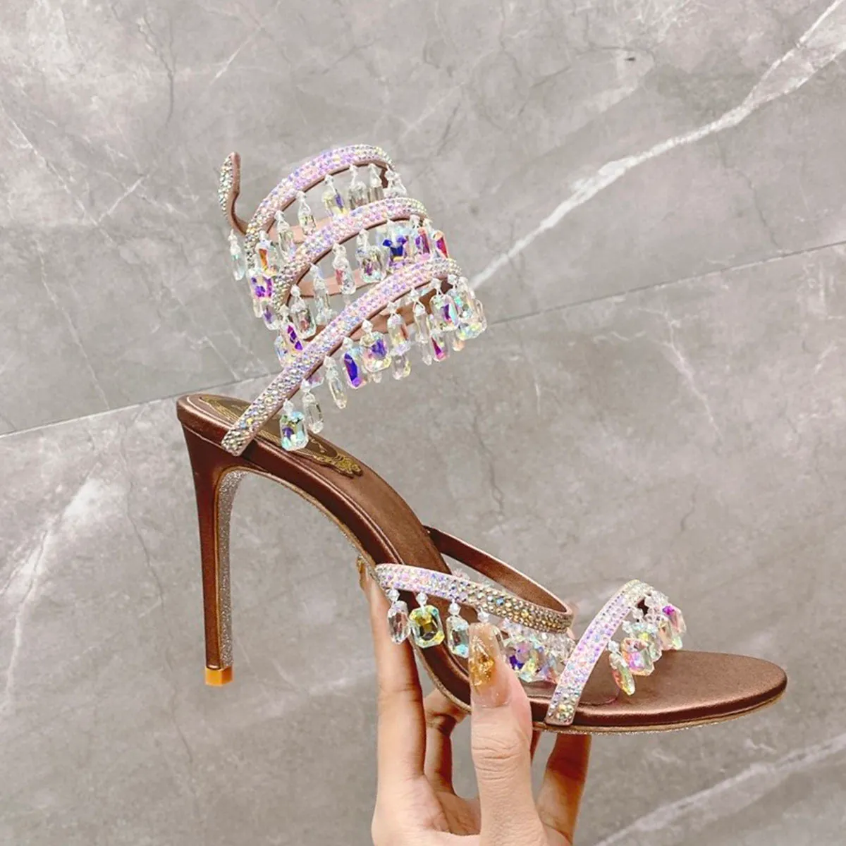 Rene Caovilla Chandelier Crystal Rhinestones Satin Sandals Stiletto Heels  Leather Outsole Evening Party Dress Shoes Women Luxury Designers 10cm  Factory Footwear From 74,57 € | DHgate
