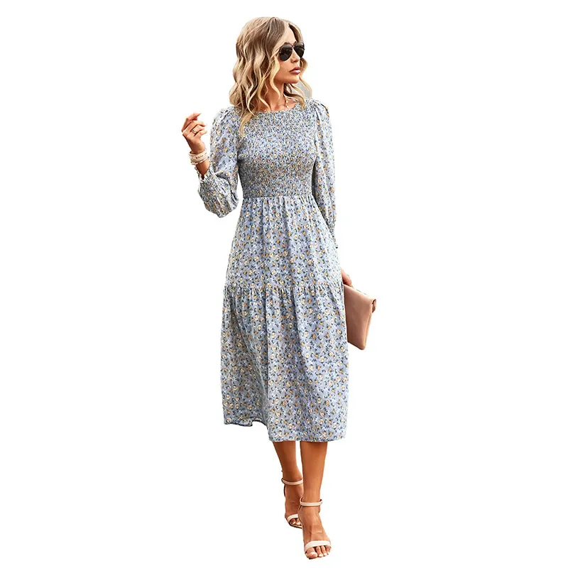 Crew Neck A line Midi Casual Dress Mid calf Length Lantern Long Sleeves Ruches Chest High Waist Floral Printed Panelled Ruffles Holiday Summer